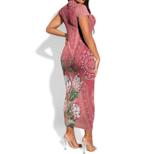 Afro King Proteas Dashiki Motif Short Sleeve Bodycon Dress Peach Style LT9