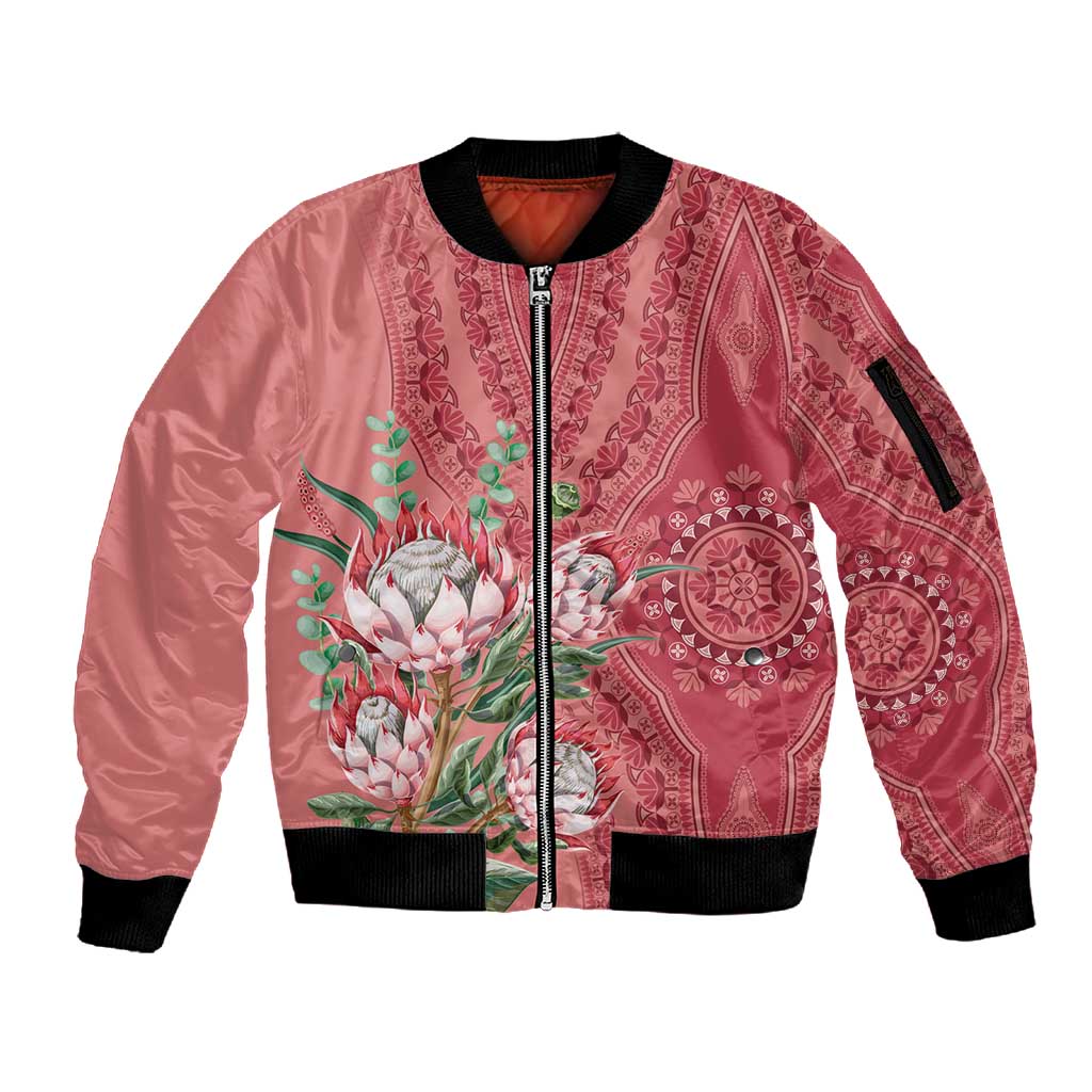 Afro King Proteas Dashiki Motif Sleeve Zip Bomber Jacket Peach Style