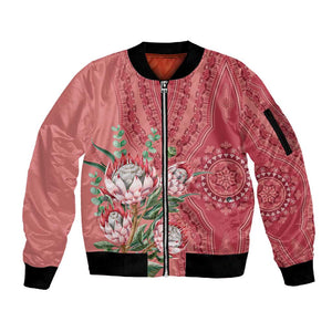 Afro King Proteas Dashiki Motif Sleeve Zip Bomber Jacket Peach Style
