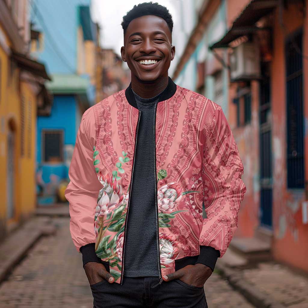 Afro King Proteas Dashiki Motif Sleeve Zip Bomber Jacket Peach Style