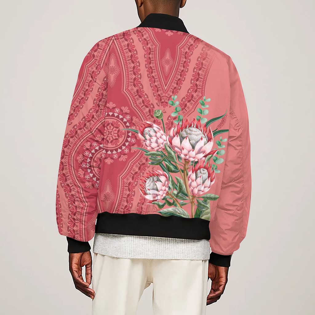 Afro King Proteas Dashiki Motif Sleeve Zip Bomber Jacket Peach Style