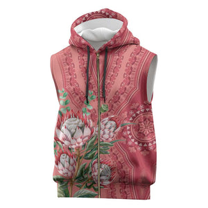Afro King Proteas Dashiki Motif Sleeveless Zip Hoodie Peach Style - African Pride