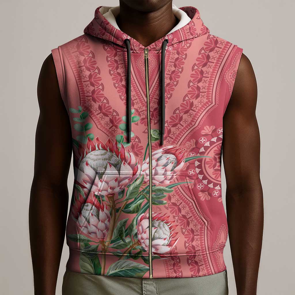 Afro King Proteas Dashiki Motif Sleeveless Zip Hoodie Peach Style - African Pride