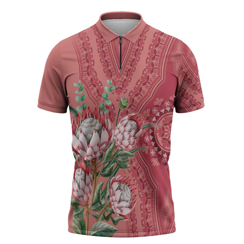 Africa King Proteas Dashiki Motif Zipper Polo Shirt Peach Style