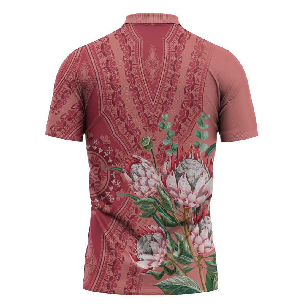 Africa King Proteas Dashiki Motif Zipper Polo Shirt Peach Style