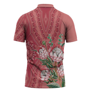 Africa King Proteas Dashiki Motif Zipper Polo Shirt Peach Style