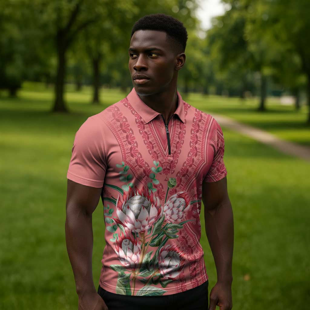 Africa King Proteas Dashiki Motif Zipper Polo Shirt Peach Style