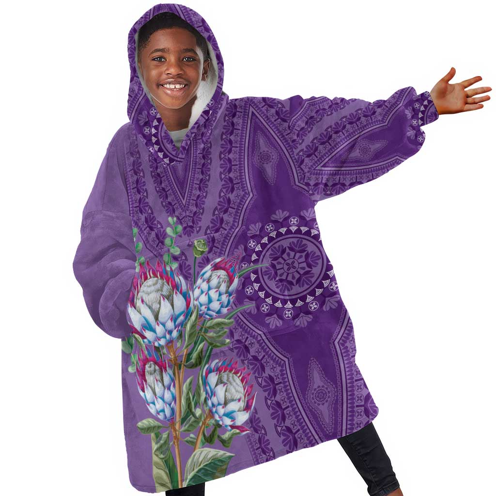 Afro King Proteas Dashiki Motif KId Wearable Blanket Hoodie Violet Style