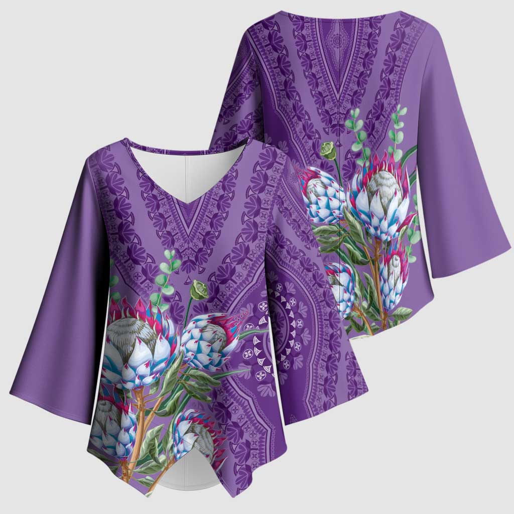 Africa King Proteas Dashiki Motif Kimono Sleeve Blouse Violet Style