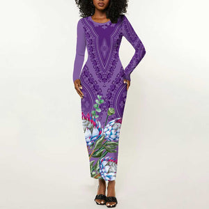 Afro King Proteas Dashiki Motif Long Sleeve Bodycon Dress Violet Style LT9