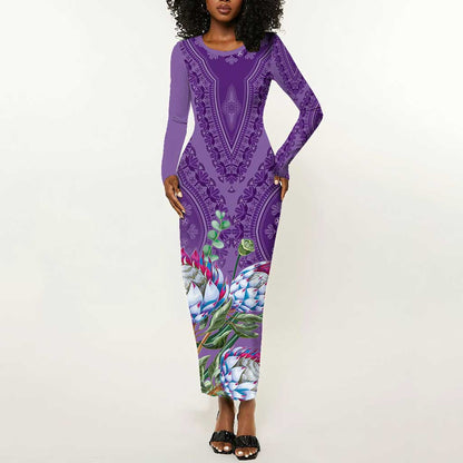 Afro King Proteas Dashiki Motif Long Sleeve Bodycon Dress Violet Style LT9