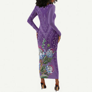 Afro King Proteas Dashiki Motif Long Sleeve Bodycon Dress Violet Style LT9