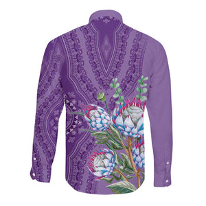 Afro King Proteas Dashiki Motif Long Sleeve Button Shirt Violet Style