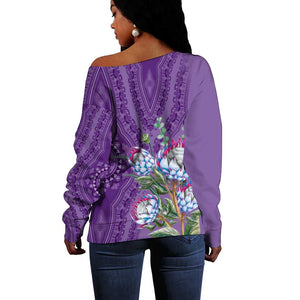 Afro King Proteas Dashiki Motif Off Shoulder Sweater Violet Style