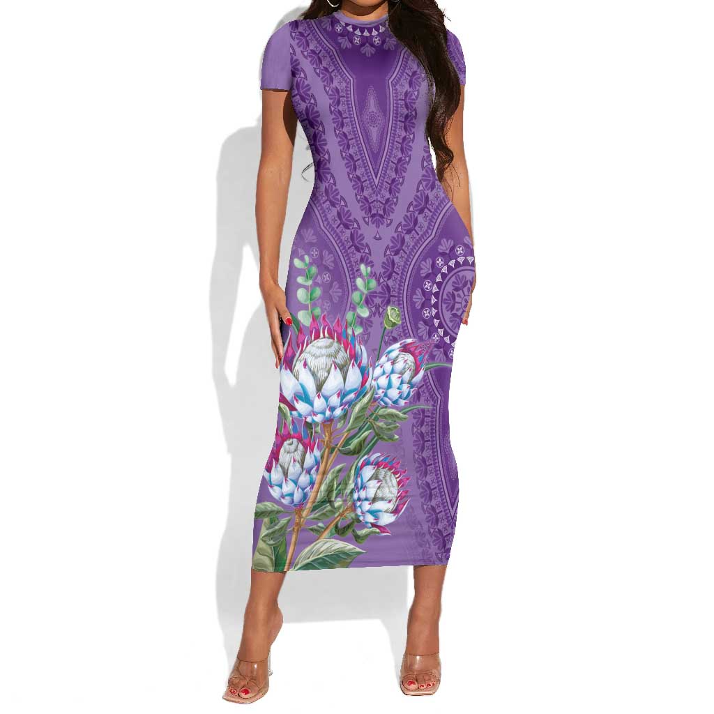 Afro King Proteas Dashiki Motif Short Sleeve Bodycon Dress Violet Style LT9