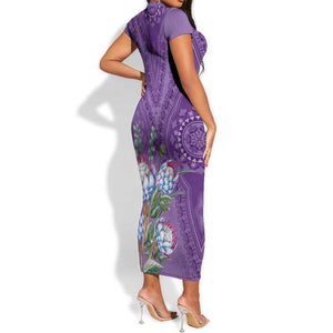 Afro King Proteas Dashiki Motif Short Sleeve Bodycon Dress Violet Style LT9