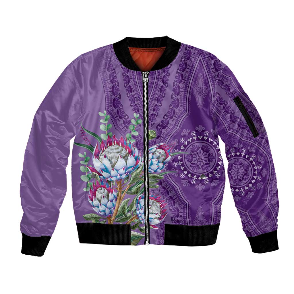Afro King Proteas Dashiki Motif Sleeve Zip Bomber Jacket Violet Style
