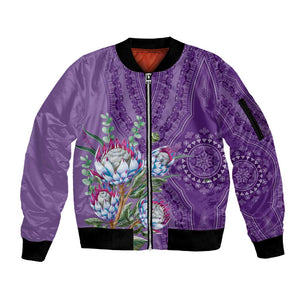 Afro King Proteas Dashiki Motif Sleeve Zip Bomber Jacket Violet Style