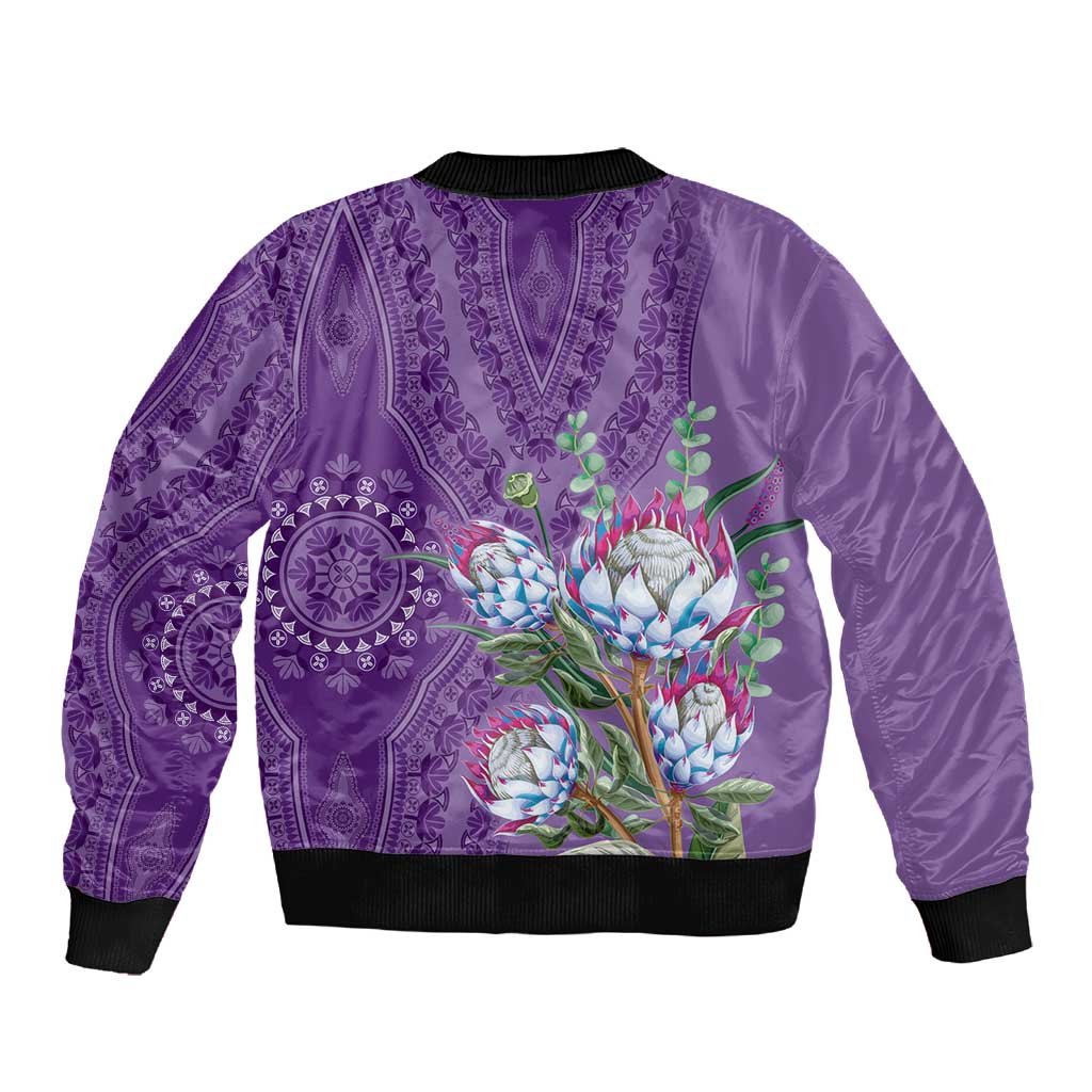 Afro King Proteas Dashiki Motif Sleeve Zip Bomber Jacket Violet Style