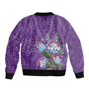 Afro King Proteas Dashiki Motif Sleeve Zip Bomber Jacket Violet Style