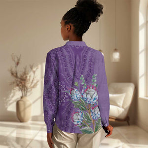 Afro King Proteas Dashiki Motif Women Casual Shirt Violet Style LT9