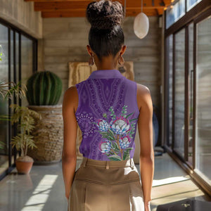 Afro King Proteas Dashiki Motif Women Sleeveless Polo Shirt Violet Style