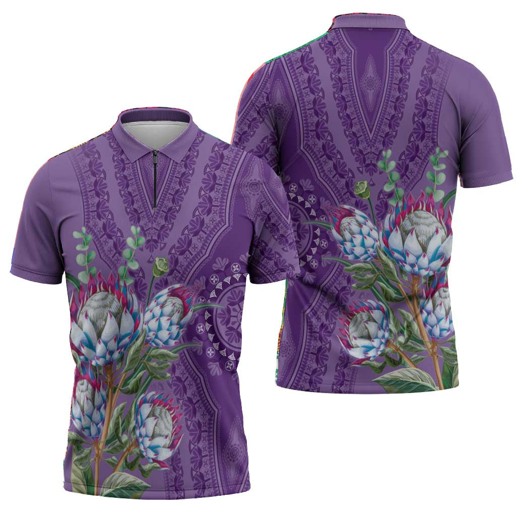 Africa King Proteas Dashiki Motif Zipper Polo Shirt Violet Style