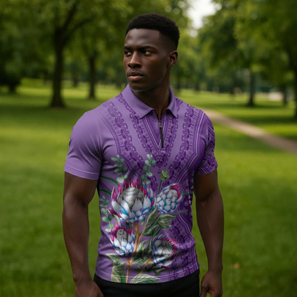 Africa King Proteas Dashiki Motif Zipper Polo Shirt Violet Style