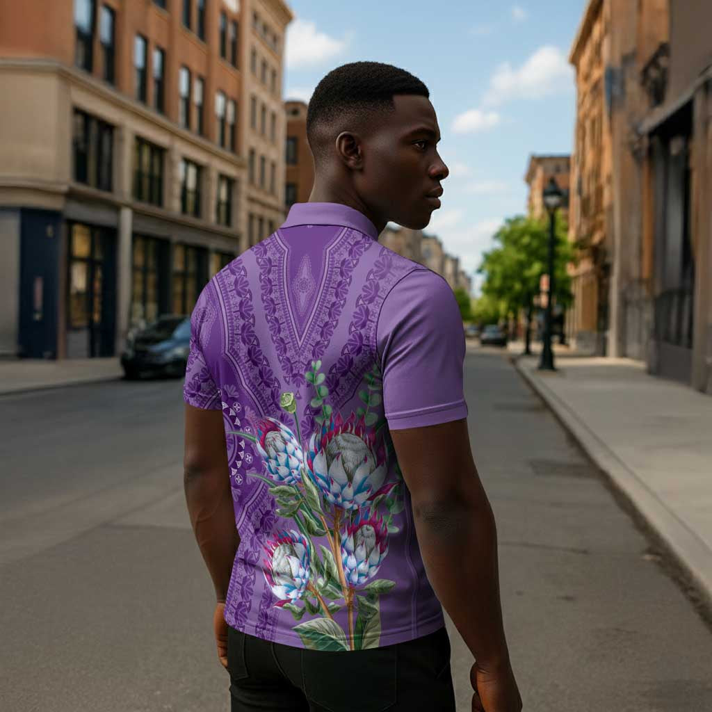 Africa King Proteas Dashiki Motif Zipper Polo Shirt Violet Style