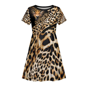 Afro Leopard Skin Pattern Kid Short Sleeve Dress Version 01