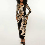 Afro Leopard Skin Pattern Long Sleeve Bodycon Dress Version 02 LT9
