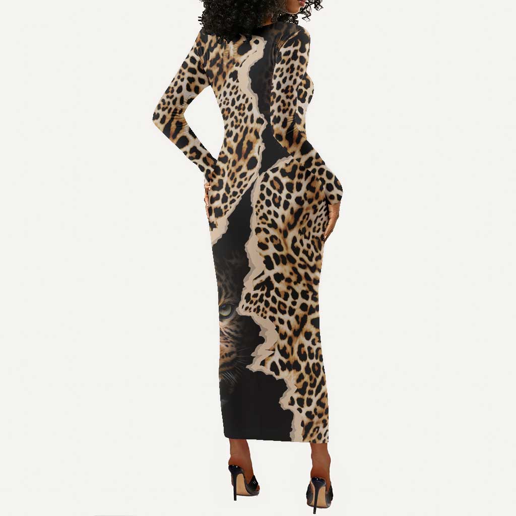 Afro Leopard Skin Pattern Long Sleeve Bodycon Dress Version 02 LT9