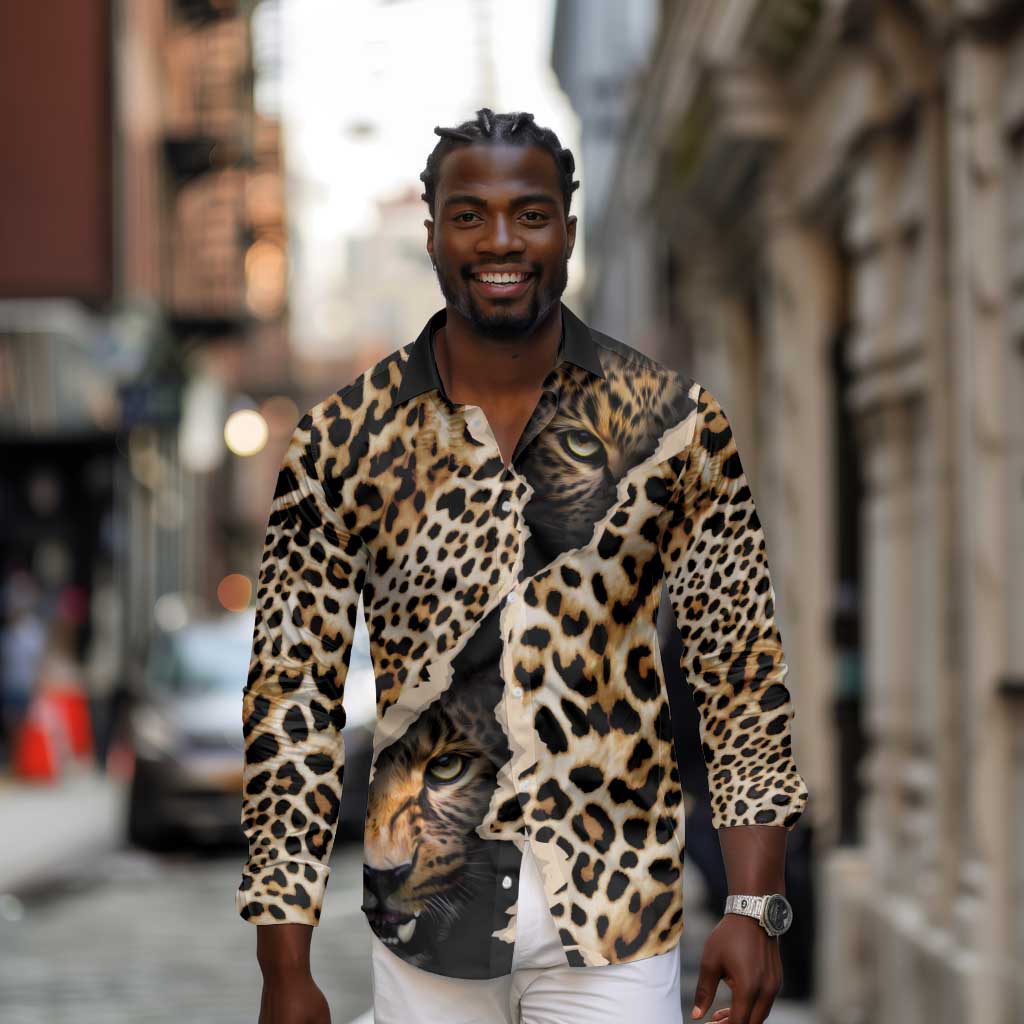 Afro Leopard Skin Pattern Long Sleeve Button Shirt Version 02