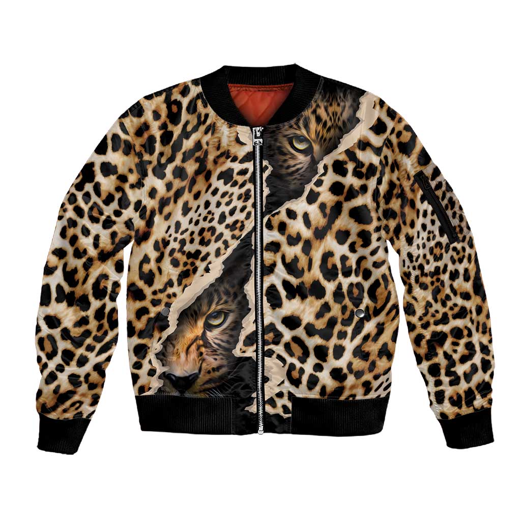 Afro Leopard Skin Pattern Sleeve Zip Bomber Jacket Version 02