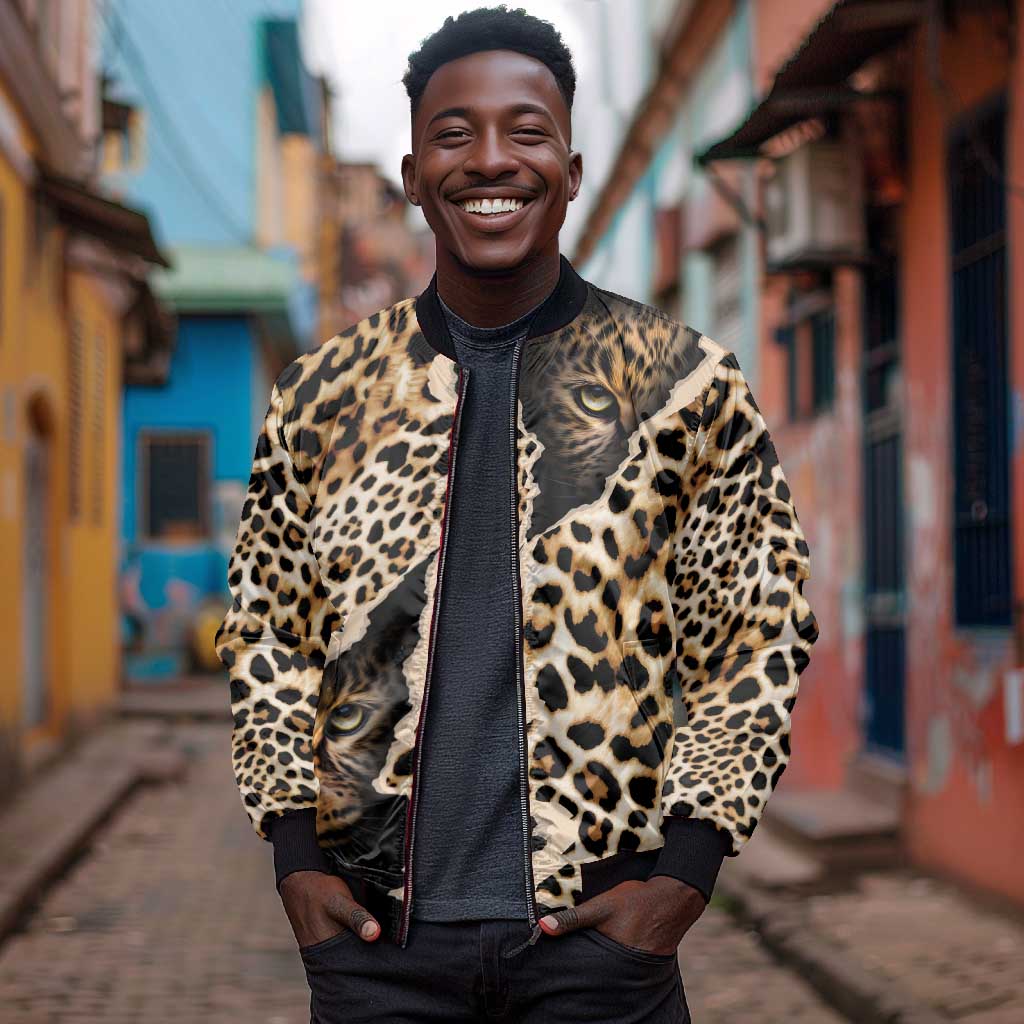 Afro Leopard Skin Pattern Sleeve Zip Bomber Jacket Version 02