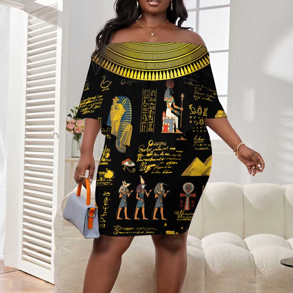 Ancient Egypt and Hieroglyphs Off Shoulder Short Dress