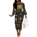 Ancient Egypt and Hieroglyphs Off The Shoulder Long Sleeve Dress