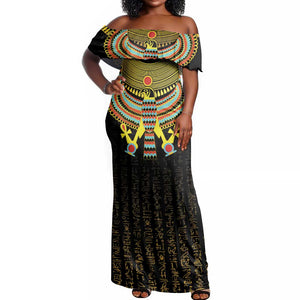 Ancient Egyptian Off Shoulder Maxi Dress Symbol of Horus The Falcon God