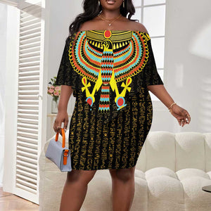 Ancient Egyptian Off Shoulder Short Dress Symbol of Horus The Falcon God