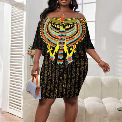 Ancient Egyptian Off Shoulder Short Dress Symbol of Horus The Falcon God