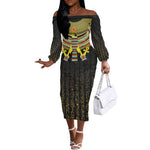 Ancient Egyptian Off The Shoulder Long Sleeve Dress Symbol of Horus The Falcon God