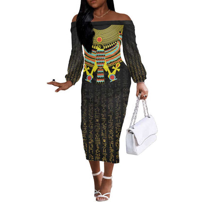 Ancient Egyptian Off The Shoulder Long Sleeve Dress Symbol of Horus The Falcon God