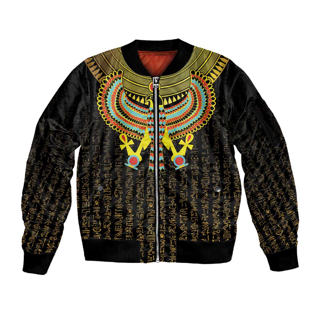 Ancient Egyptian Sleeve Zip Bomber Jacket Symbol of Horus The Falcon God