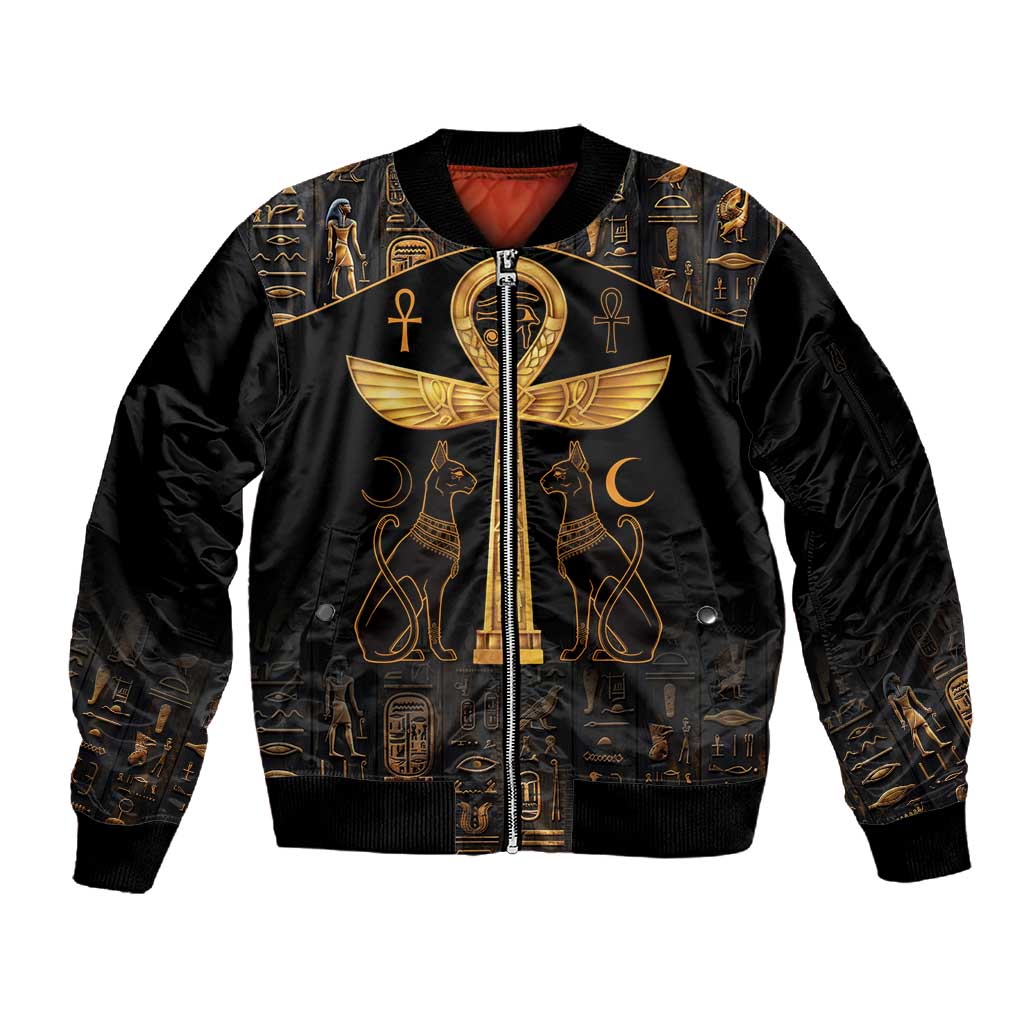 Ankh with Eye of Horus Sleeve Zip Bomber Jacket Ancient Egypt Culture