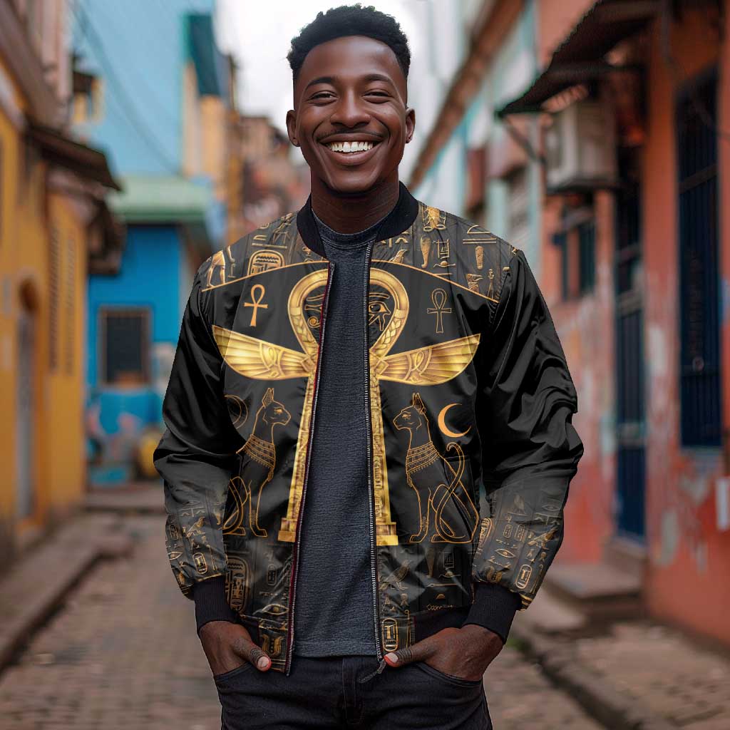 Ankh with Eye of Horus Sleeve Zip Bomber Jacket Ancient Egypt Culture