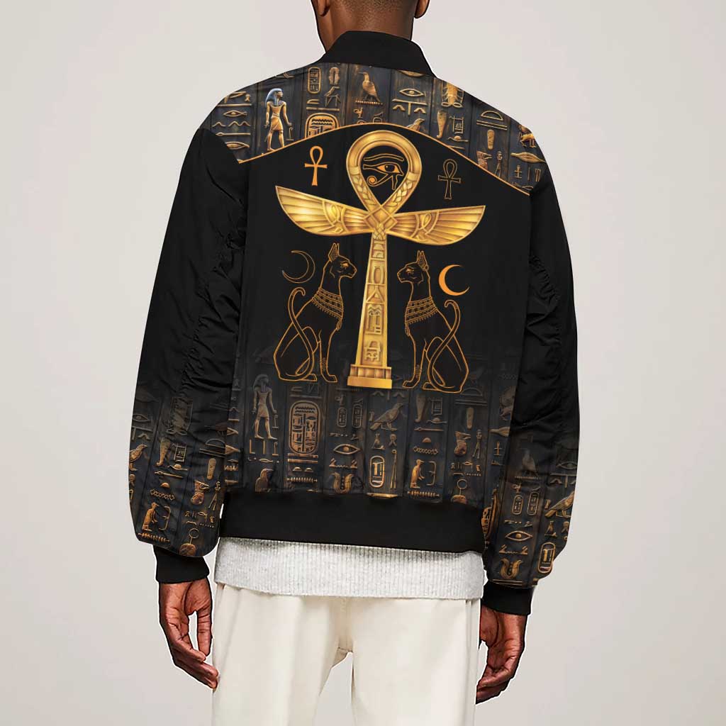 Ankh with Eye of Horus Sleeve Zip Bomber Jacket Ancient Egypt Culture