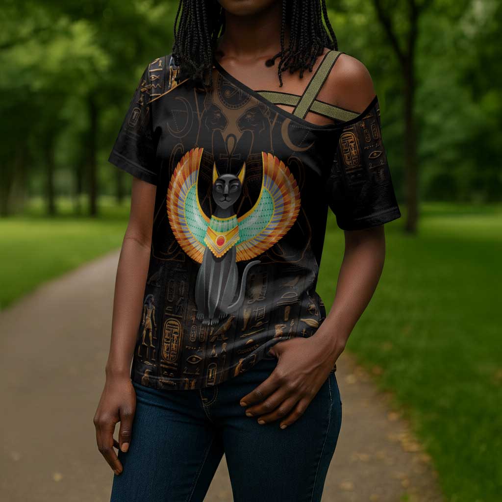 Winged Egypt Cats Cross Shoulder Shirt Ancient Egypt Culture