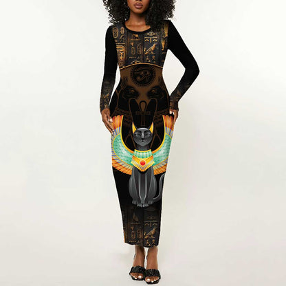 Winged Egypt Cats Long Sleeve Bodycon Dress Ancient Egypt Culture LT9