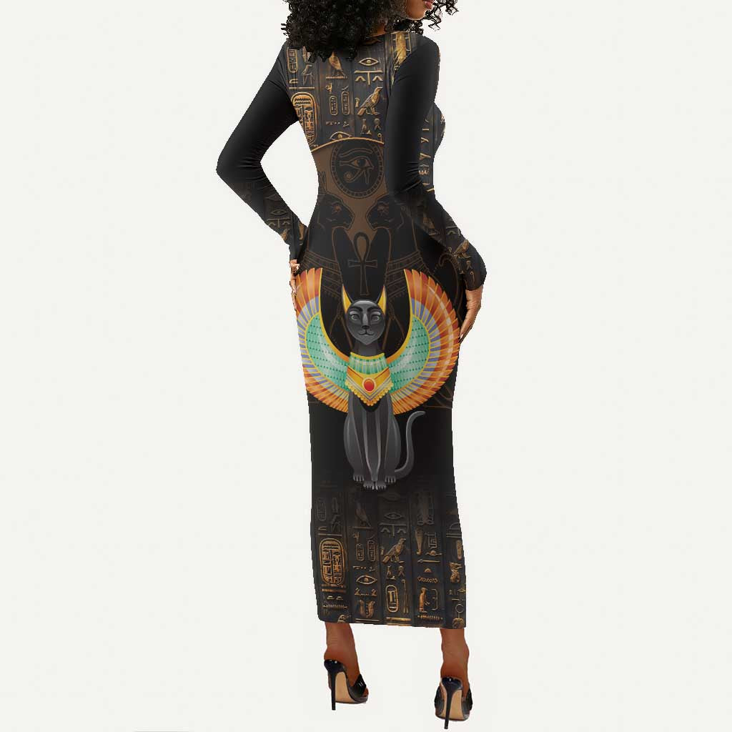 Winged Egypt Cats Long Sleeve Bodycon Dress Ancient Egypt Culture LT9