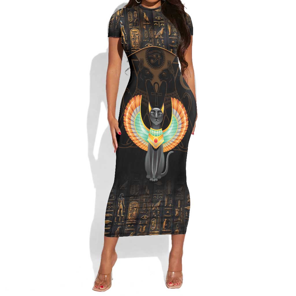 Winged Egypt Cats Short Sleeve Bodycon Dress Ancient Egypt Culture LT9